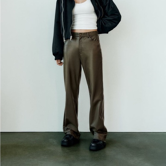Zara High Waist Khaki Green Faux Leather Straight Wide Leg Trousers  size L , - Picture 3 of 6
